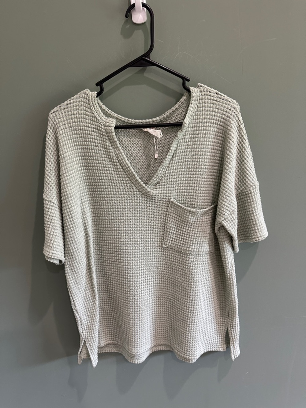 BiBi Light Sage Green Waffle Knit Short Sleeve Top